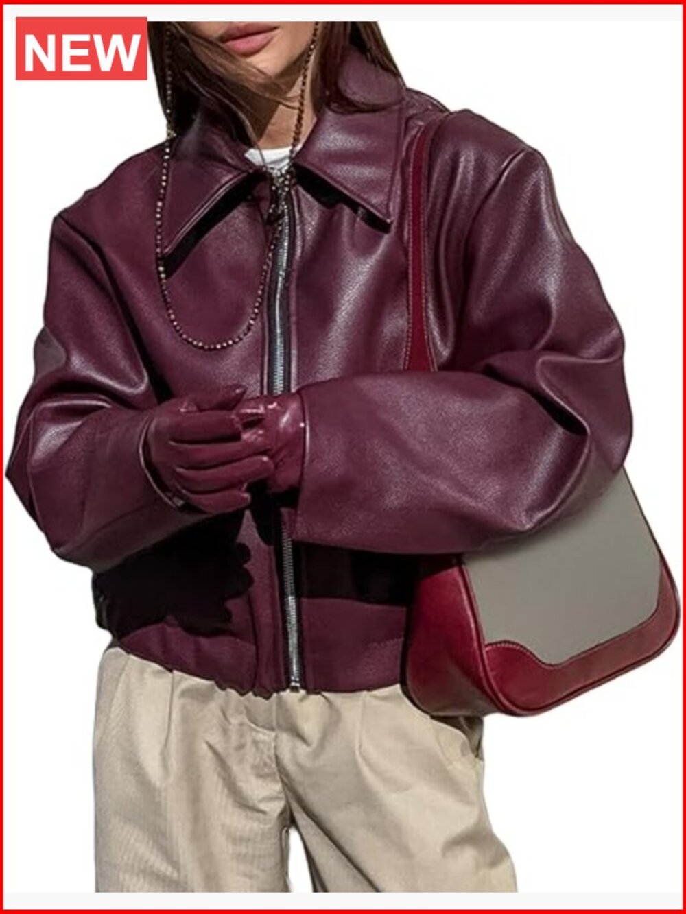 Faux Leather Motorcycle Jacket Women Zip Up Coat Winter Outerwear